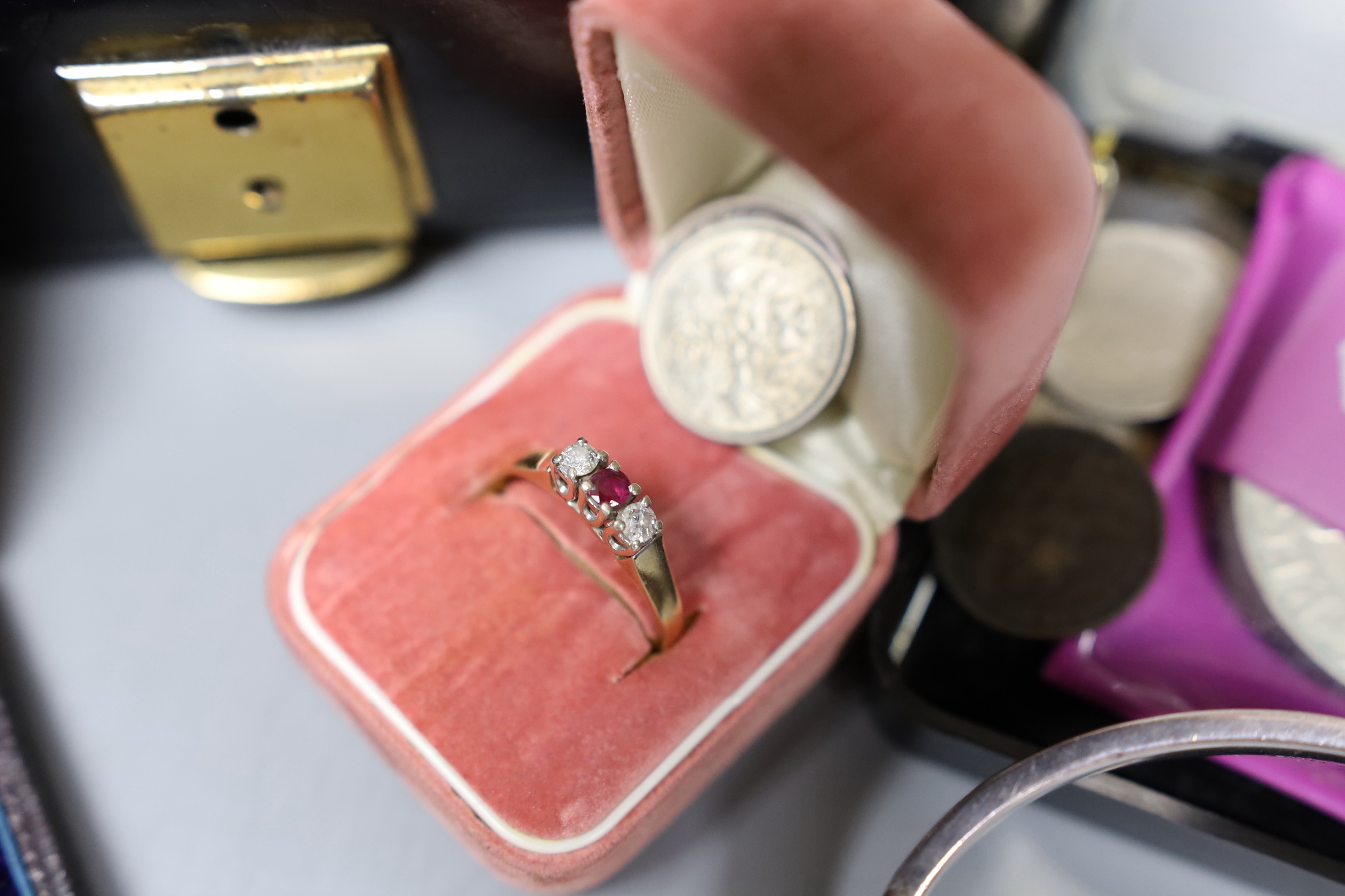 A 9ct gold ruby and diamond three stone ring, size S, a 14K gold fob watch in leather box and sundry semi-precious and costume jewellery